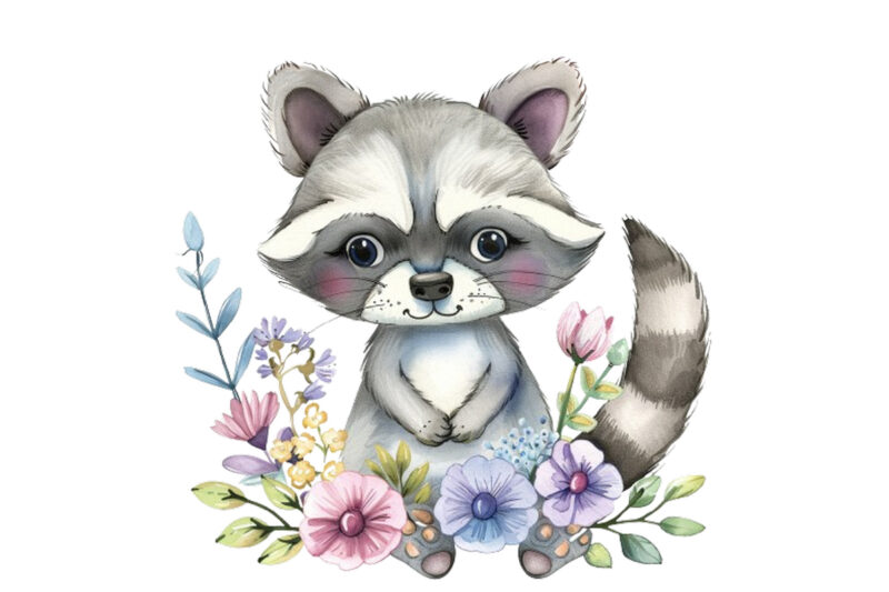 watercolour cute baby Raccoon with flower