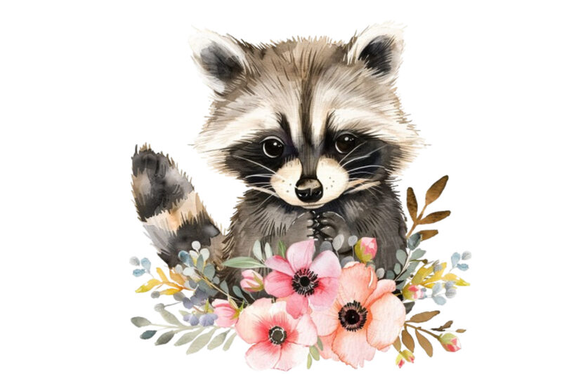 watercolour cute baby panda with flowers