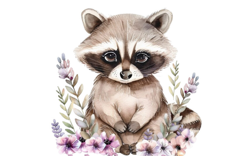 watercolour cute baby panda with flowers