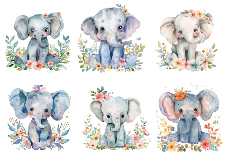 watercolour cute baby elephant with flower