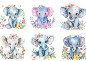 watercolour cute baby elephant with flower t shirt design for sale