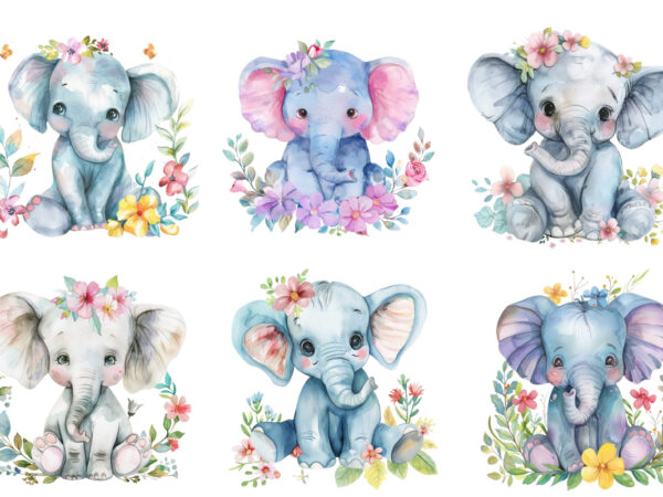 Watercolour cute baby elephant with flower t shirt design for sale