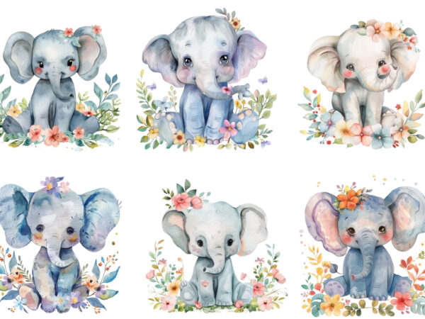 Watercolour cute baby elephant with flower t shirt design for sale