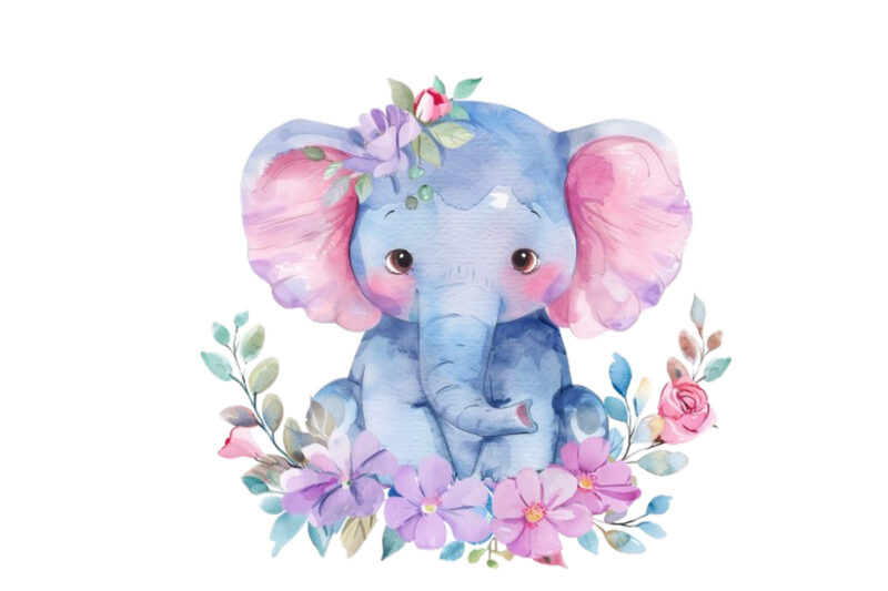 watercolour cute baby elephant with flower