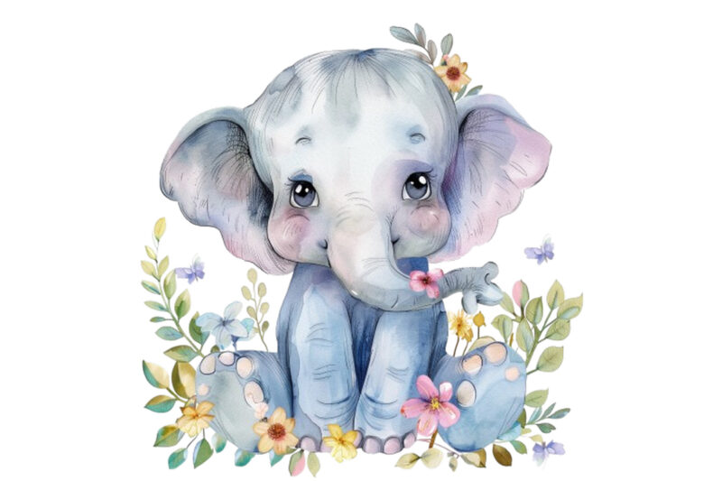 watercolour cute baby elephant with flower