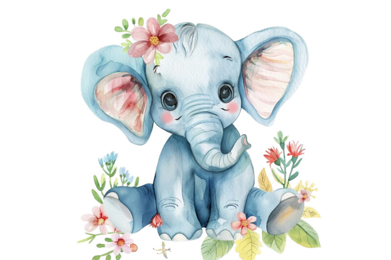watercolour cute baby elephant with flower