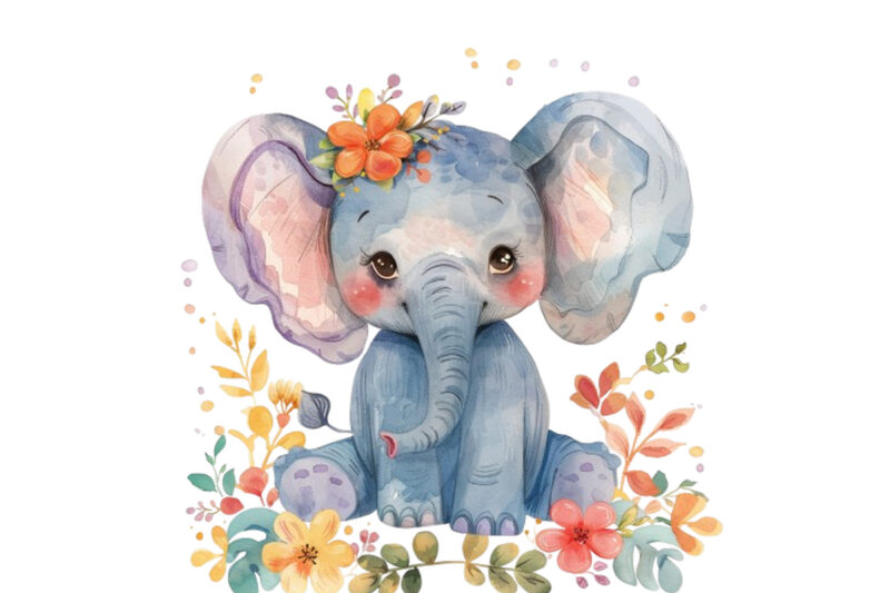 watercolour cute baby elephant with flower