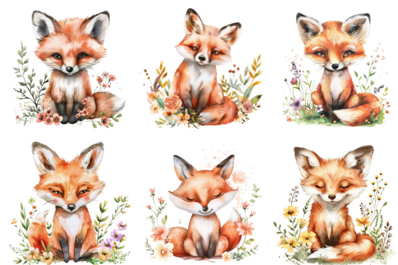 watercolour cute baby fox with flowers