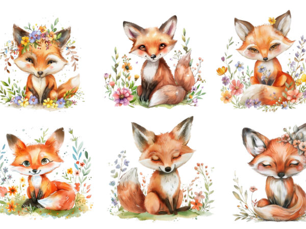 Watercolour cute baby fox with flowers t shirt design for sale