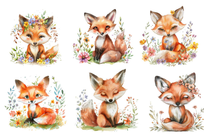 watercolour cute baby fox with flowers