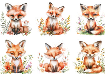 watercolour cute baby fox with flowers
