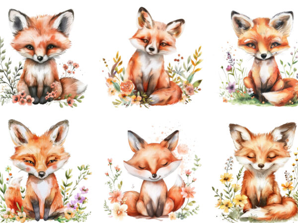 Watercolour cute baby fox with flowers t shirt design for sale