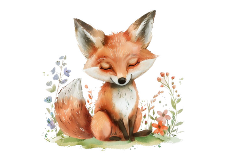 watercolour cute baby fox with flowers