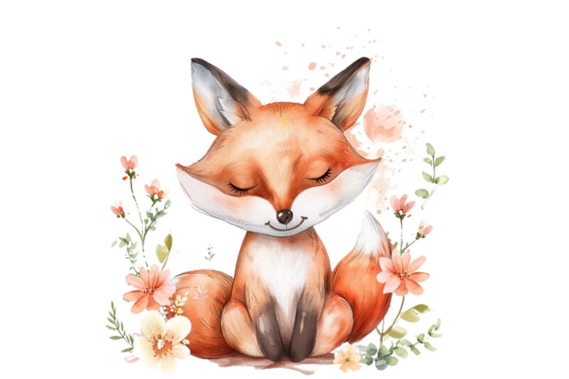 watercolour cute baby fox with flowers