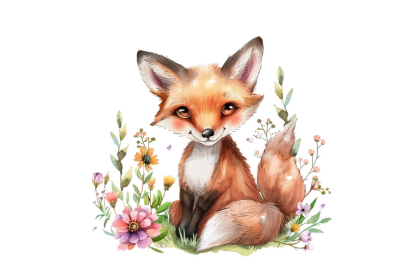 watercolour cute baby fox with flowers