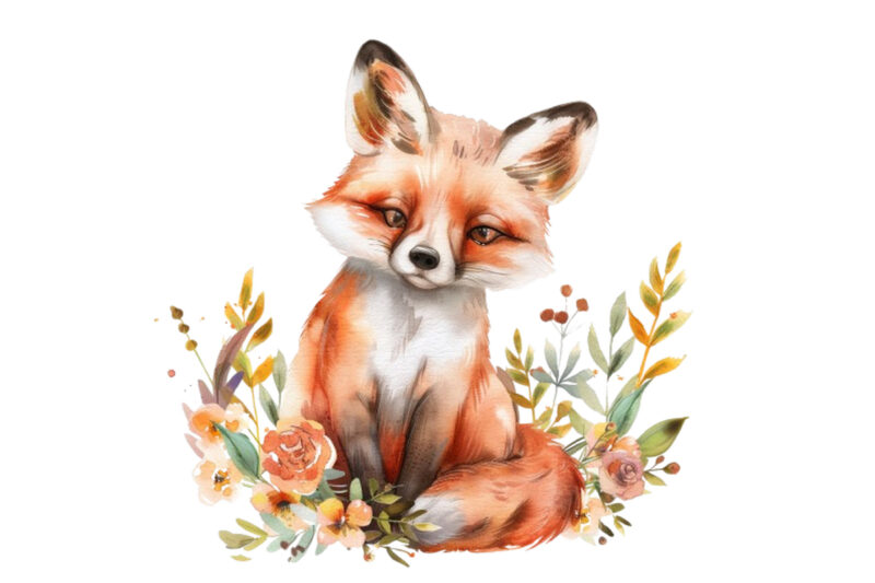 watercolour cute baby fox with flowers