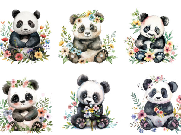 Watercolour cute baby panda with flowers t shirt design for sale