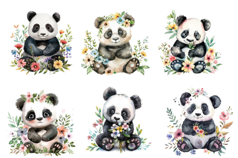 watercolour cute baby panda with flowers