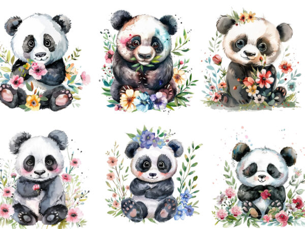 Watercolour cute baby panda with flowers t shirt design for sale