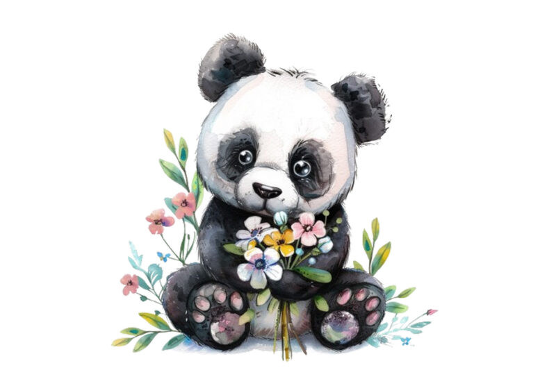 watercolour cute baby panda with flowers