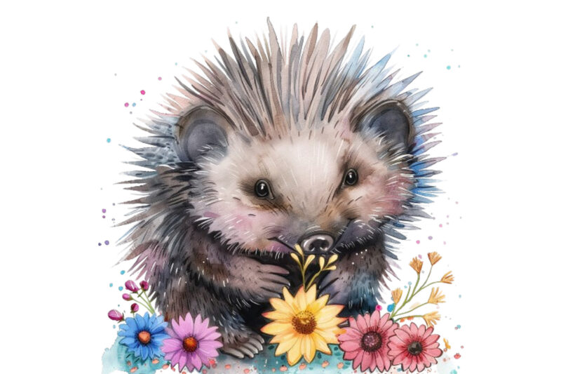 watercolour cute baby panda with flowers