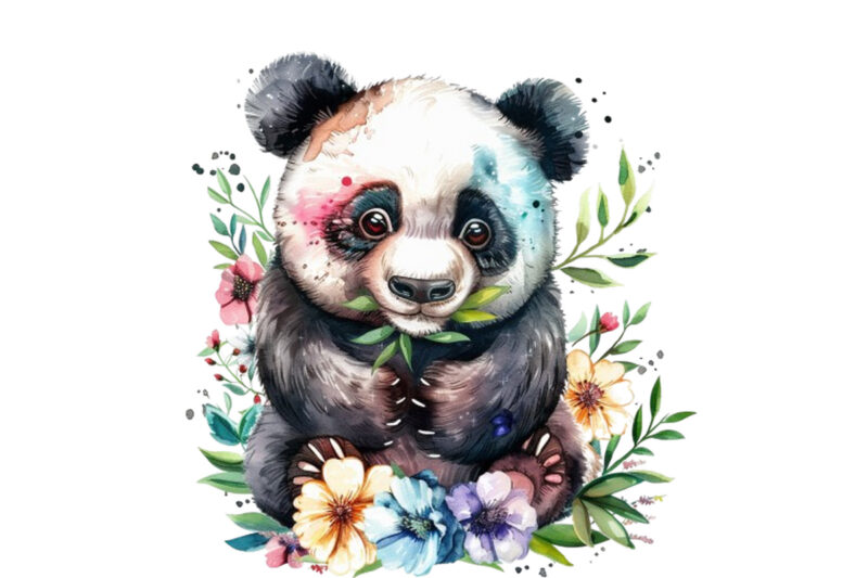 watercolour cute baby panda with flowers