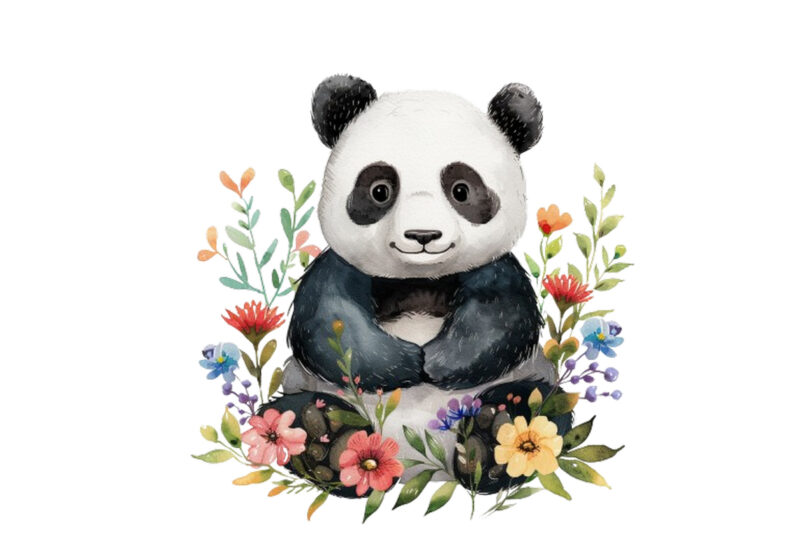 watercolour cute baby panda with flowers