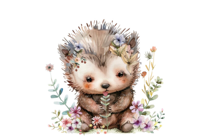 watercolour cute baby panda with flowers