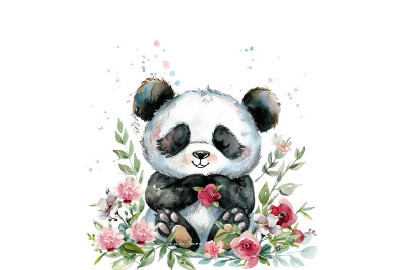 watercolour cute baby panda with flowers