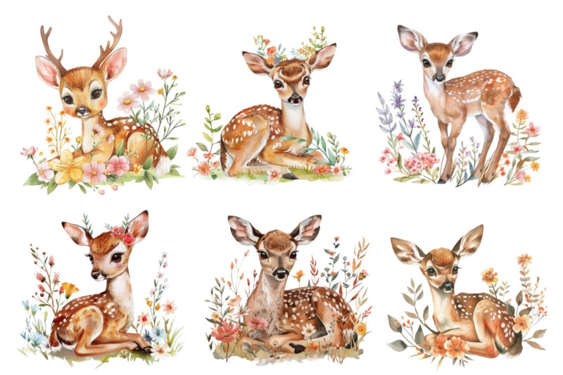 watercolour cute baby sika deer with flower