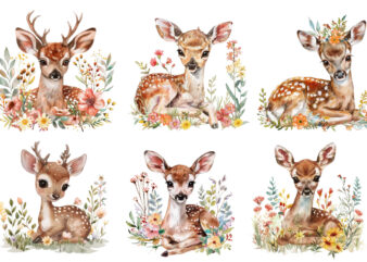 watercolour cute baby sika deer with flower t shirt design for sale