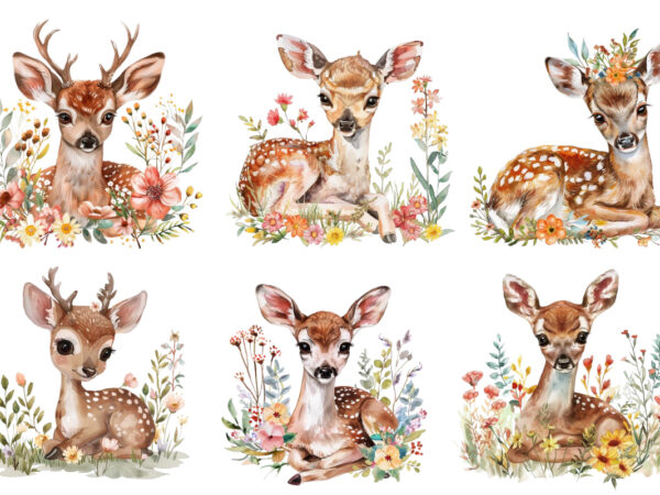Watercolour cute baby sika deer with flower t shirt design for sale