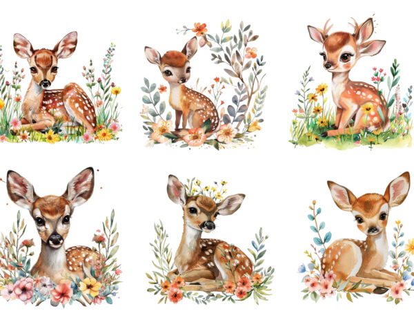 Watercolour cute baby sika deer with flower t shirt design for sale