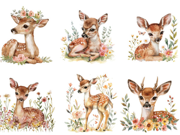 Watercolour cute baby sika deer with flower t shirt design for sale