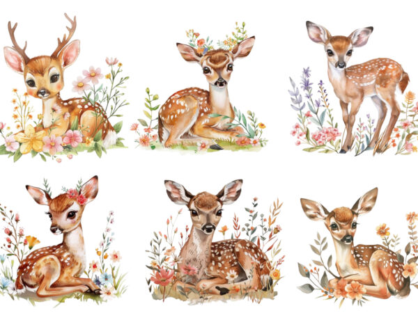 Watercolour cute baby sika deer with flower t shirt design for sale