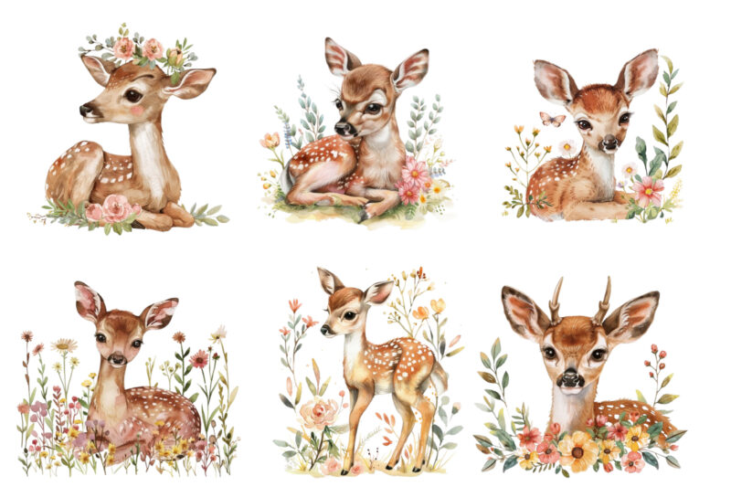 watercolour cute baby sika deer with flower