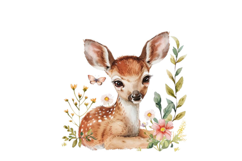 watercolour cute baby sika deer with flower