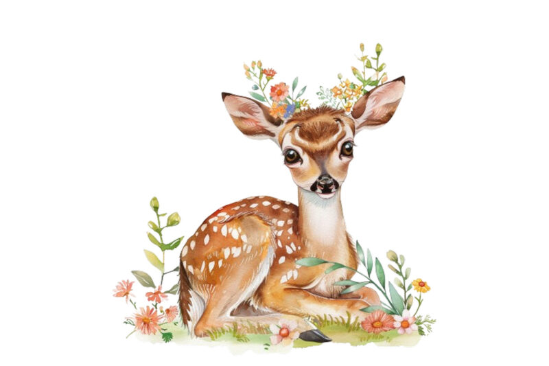 watercolour cute baby sika deer with flower