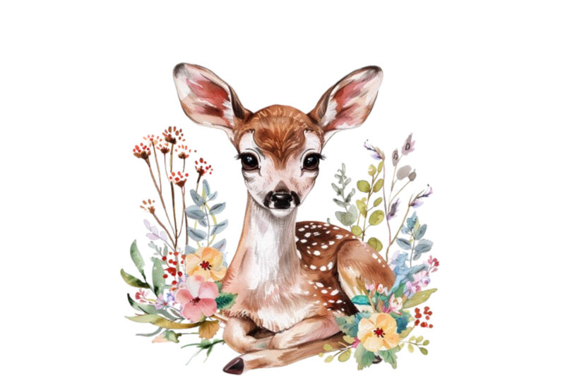 watercolour cute baby sika deer with flower