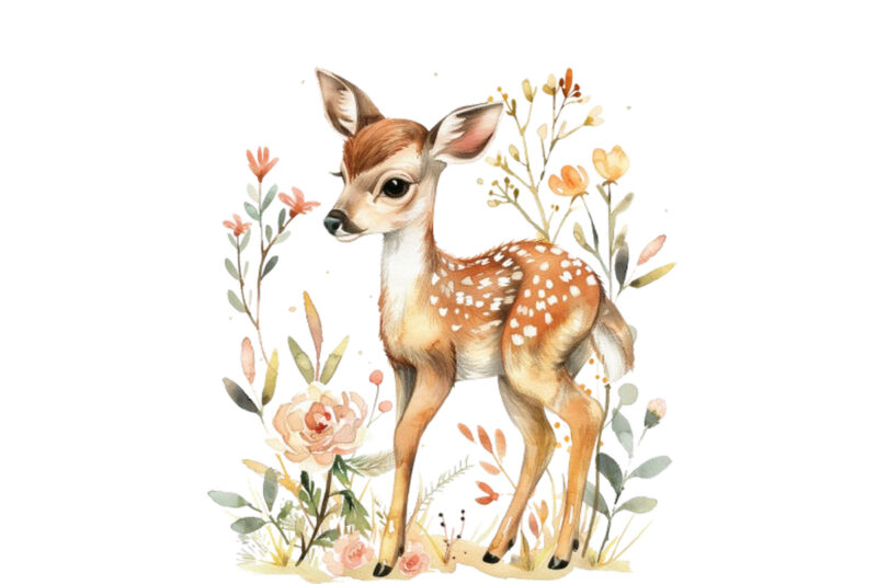 watercolour cute baby sika deer with flower