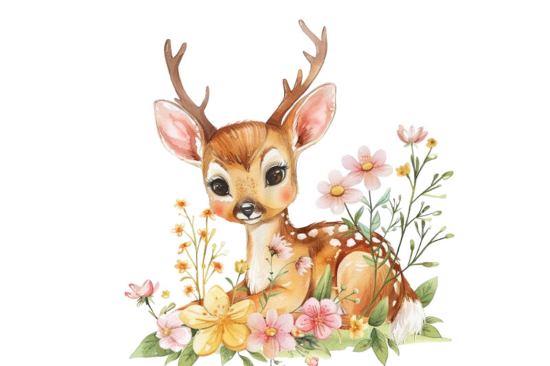 watercolour cute baby sika deer with flower