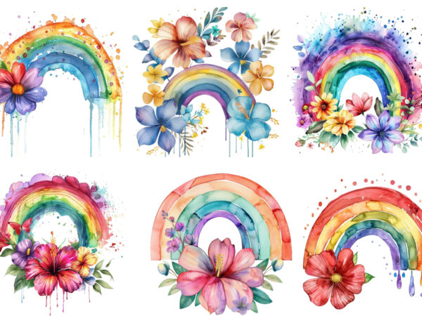 Watercolour rainbow with flower t shirt design for sale