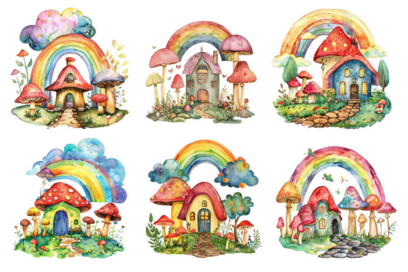 rainbow with mashroom and house