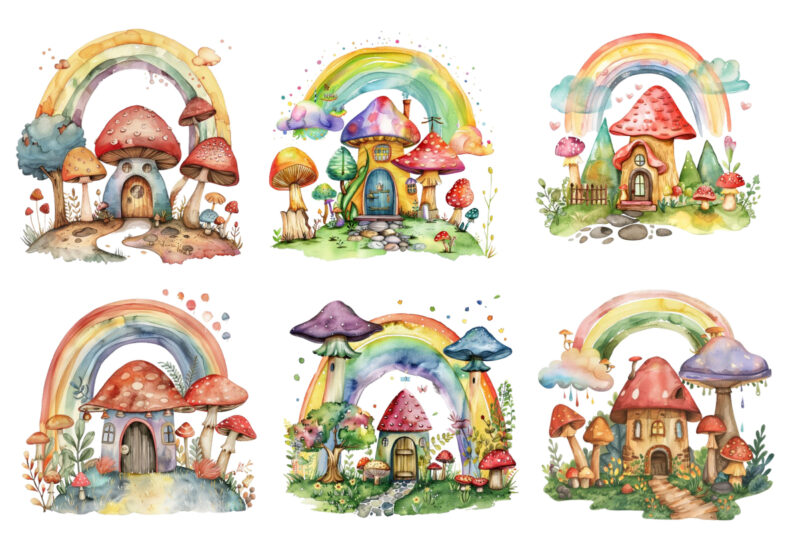 rainbow with mashroom and house