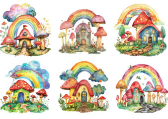 rainbow with mashroom and house
