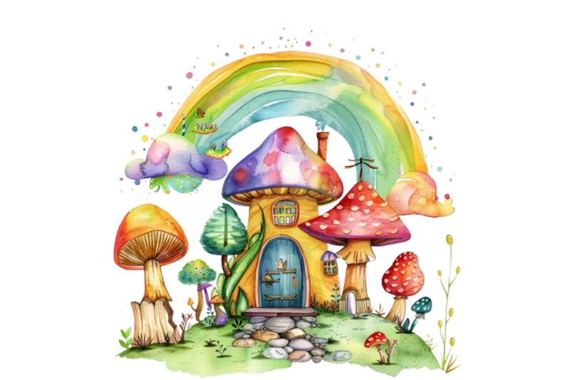 rainbow with mashroom and house