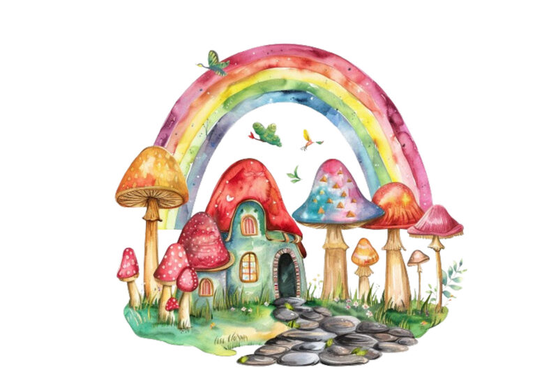 rainbow with mashroom and house