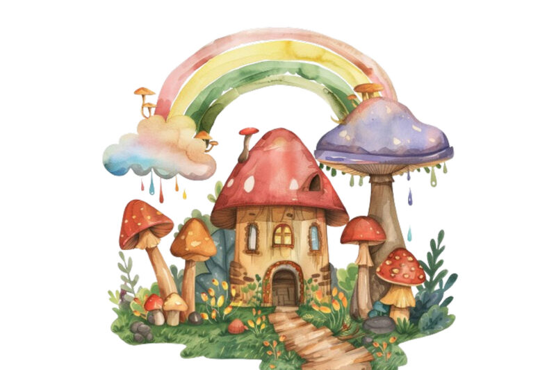 rainbow with mashroom and house