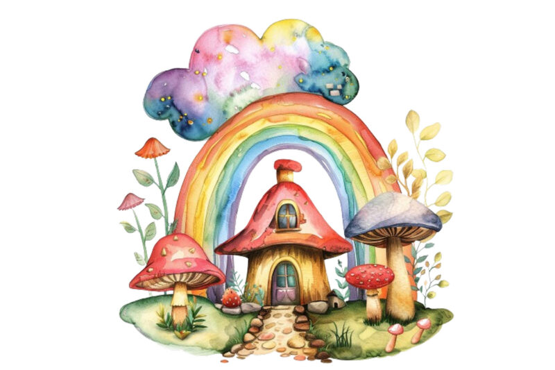 rainbow with mashroom and house