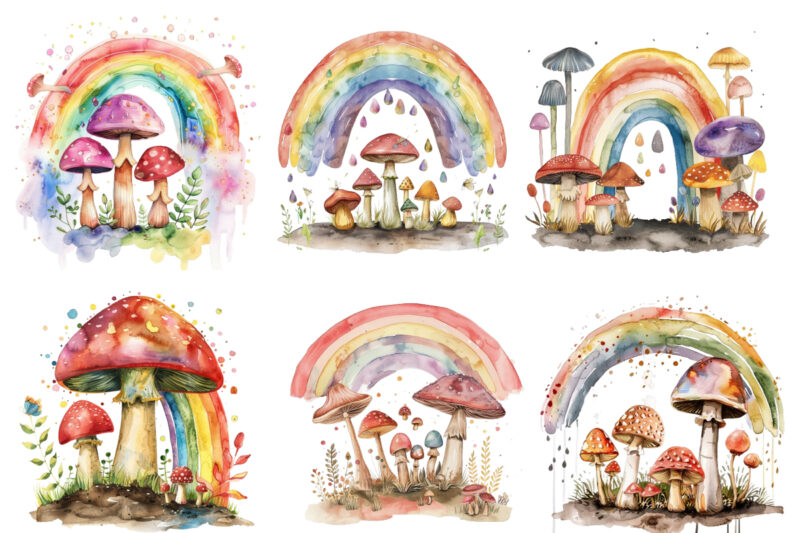 watercolour rainbow with mashroom clipart